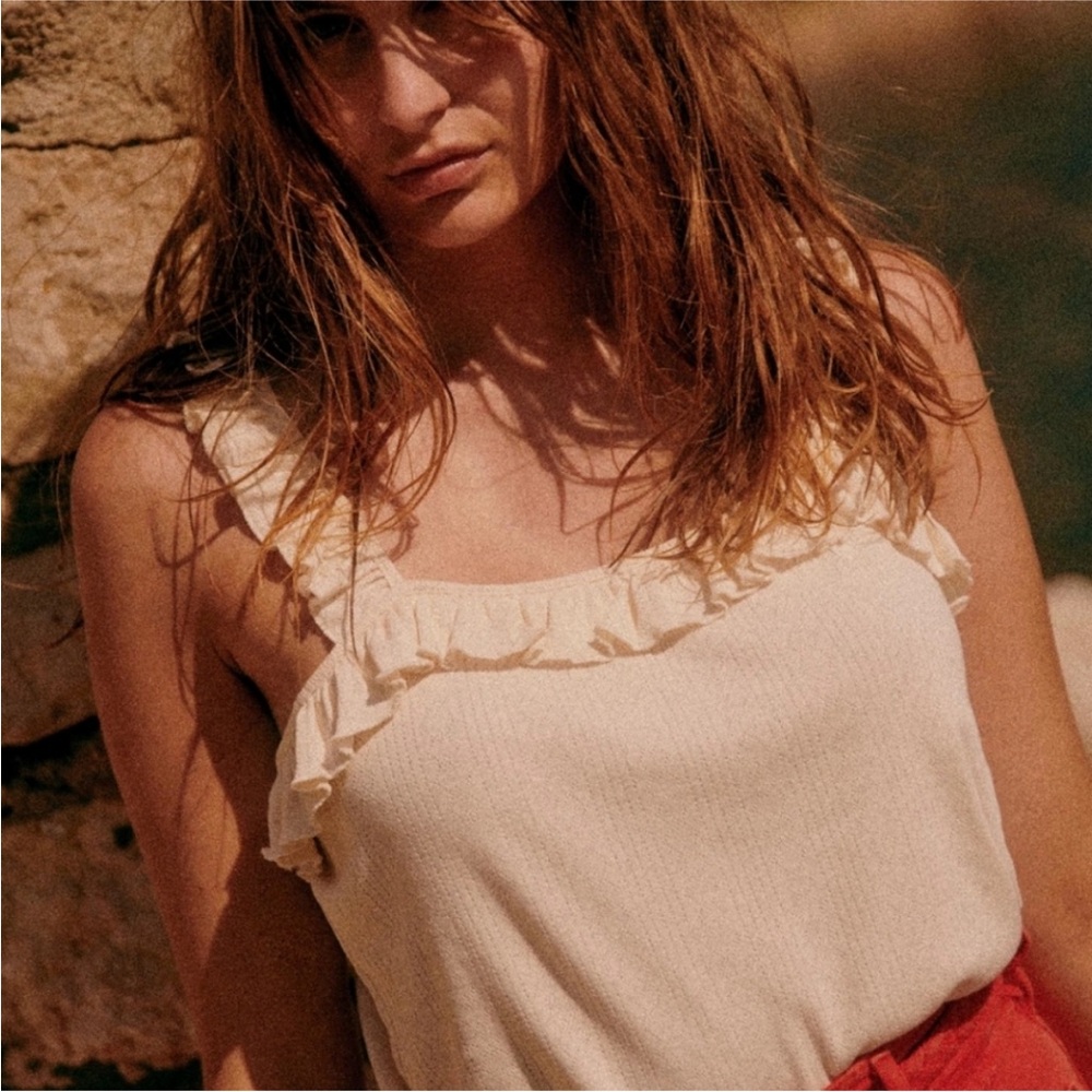 Sezane Cream Ruffle Tank Top